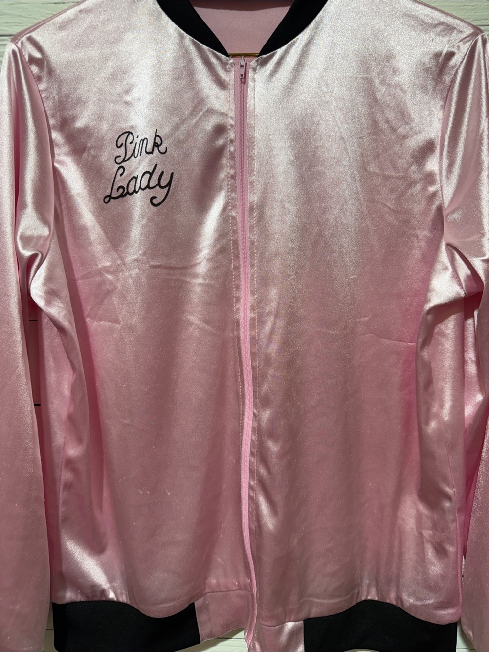 Pink Lady Satin Bomber Jacket - Light Pink with Black Trim - Picture 2 of 3
